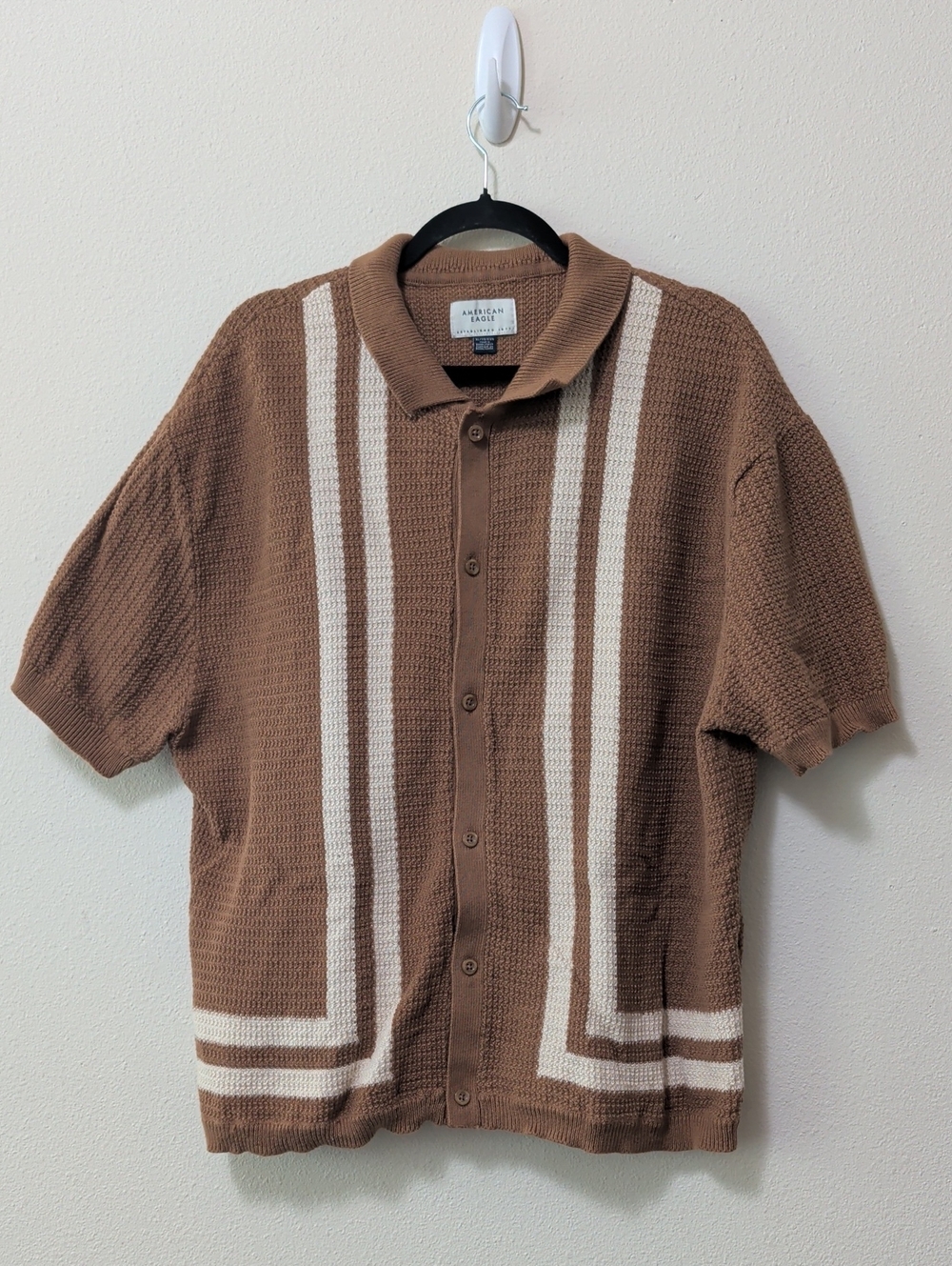 American Eagle Outfitters Brown Button-Up Knit Shirt with Cream Stripes